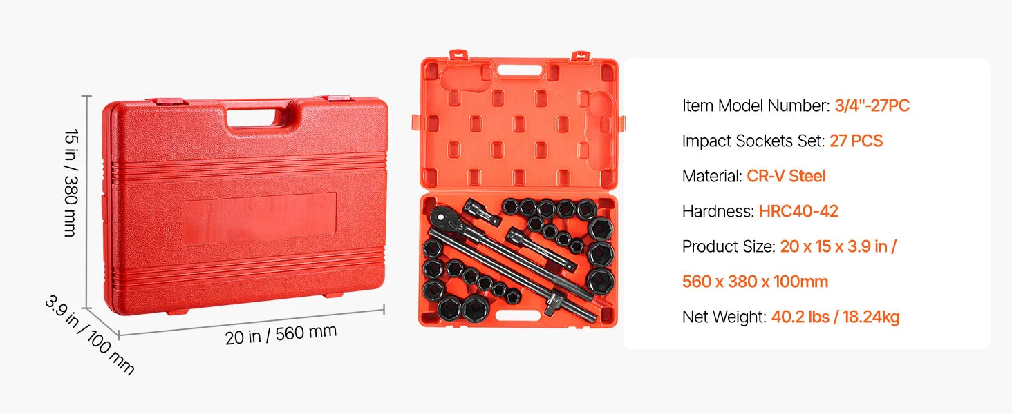 3/4" Drive Impact Socket Set 21PCS SAE Cr-V Steel with Case