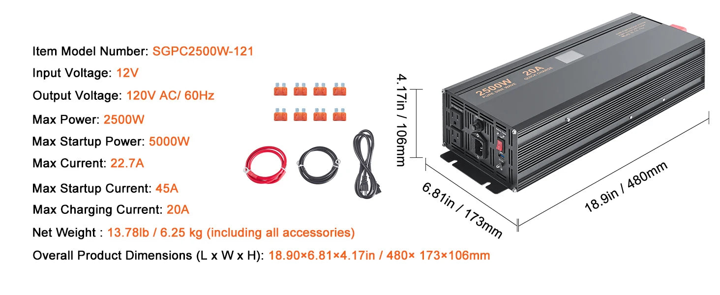 SucceBuy 2000W/2500W pumsystem med batteri-backup LCD-display auto-skifter til batteriinverter til nødstrøm