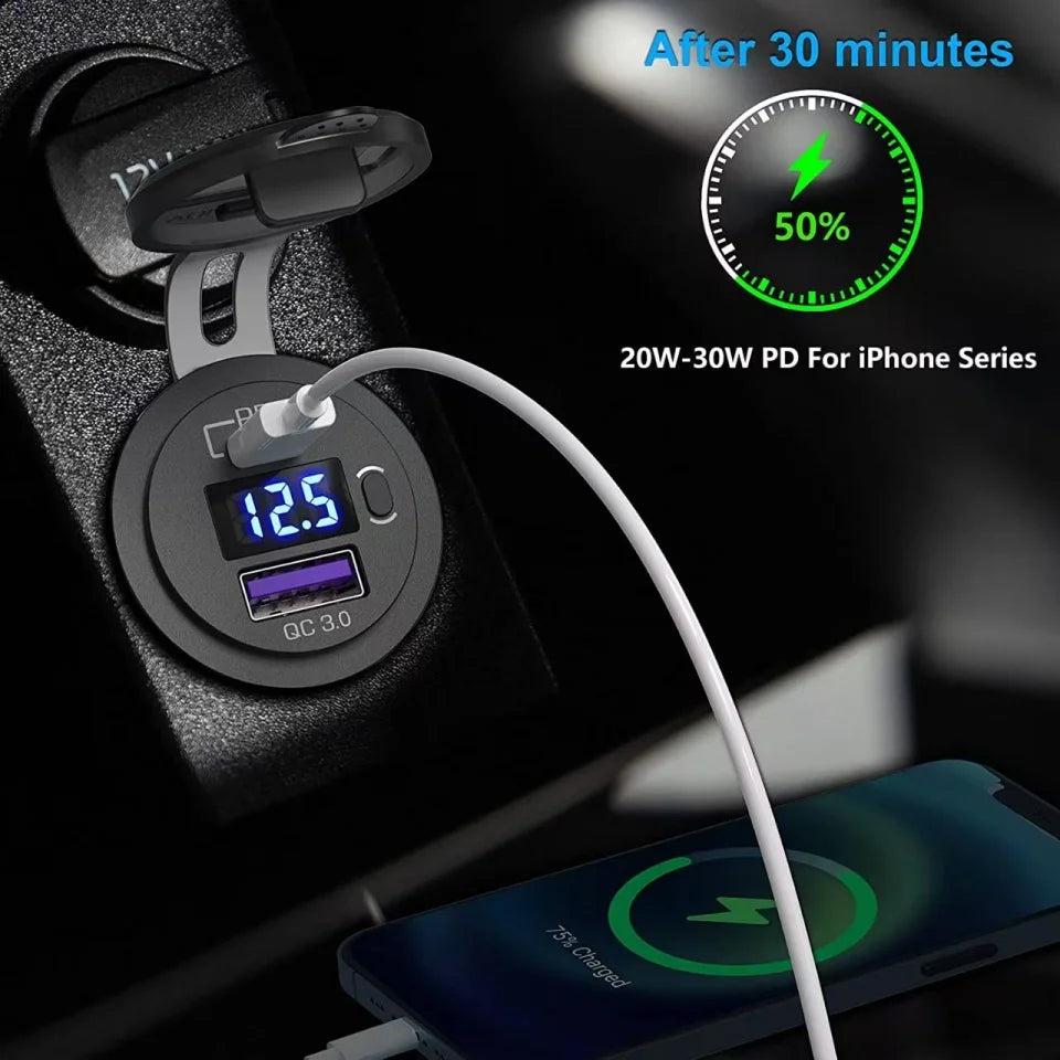 USB C Car Charger Socket 12V/24V Dual USB Socket PD3.0 and QC3.0 Car USB Port With LED Voltmeter and On/Off Switch