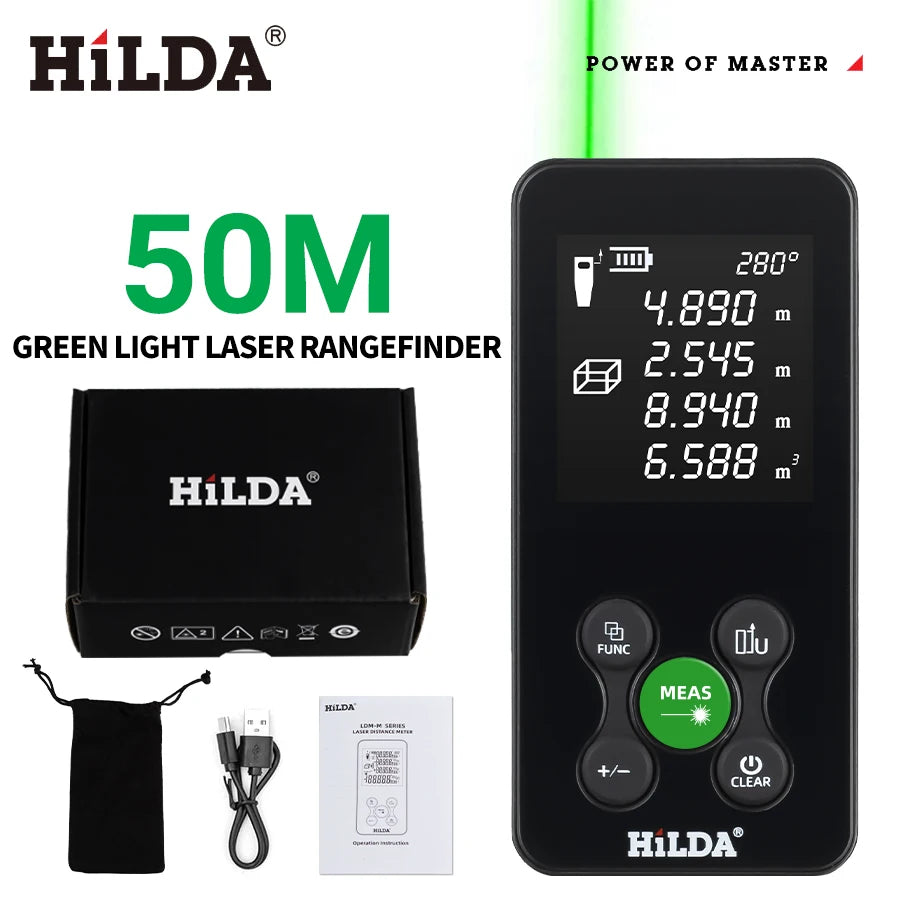 HILDA 50/100/120M Laser Rangefinder Red/Green Light Laser Distance Digital Tape Rechargeable and Measurable Angle Laser Measure 