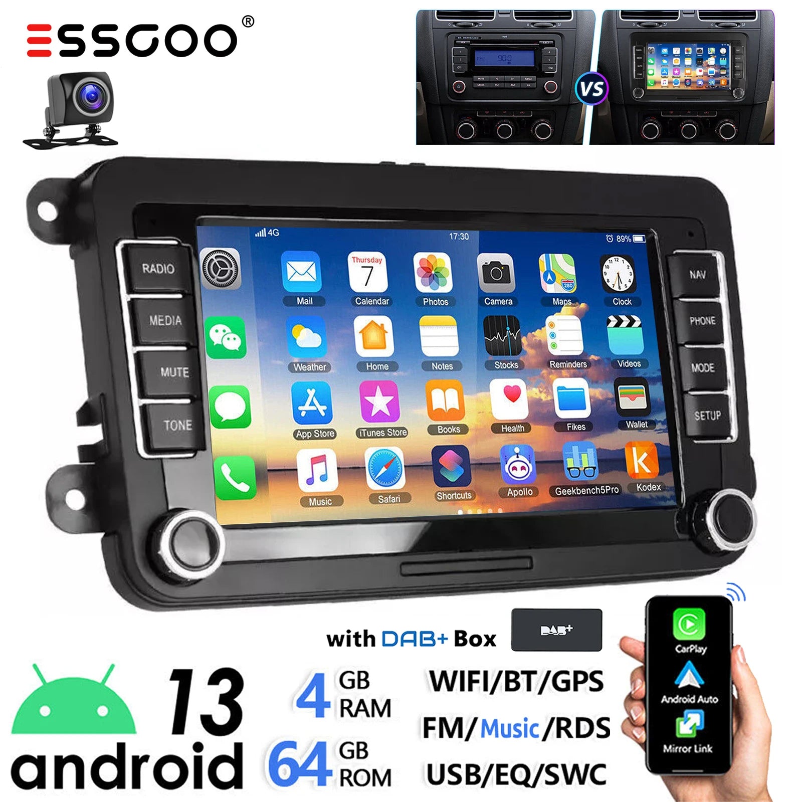 7" Android 14 Car Stereo for VW with CarPlay, GPS & Voice AI