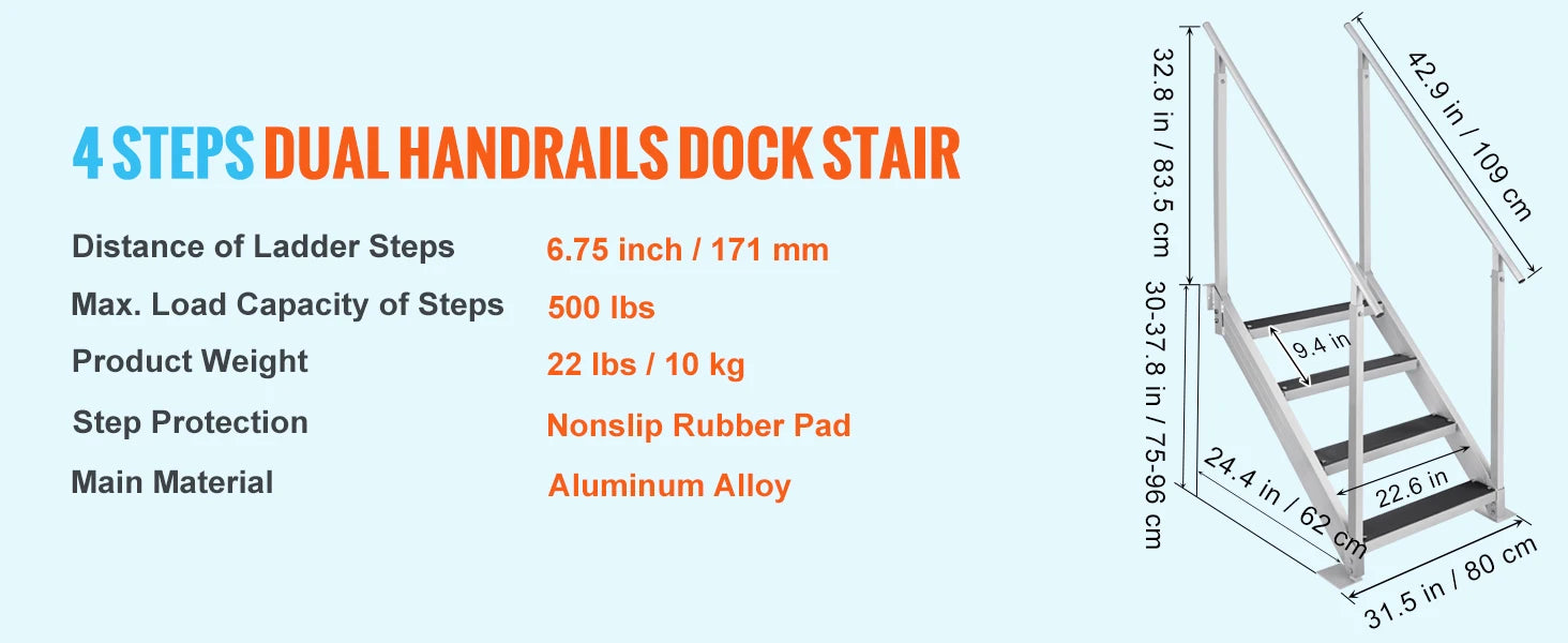SucceBuy 4/6 Step Dual Handrails Dock Ladder Aluminum with Rubber Mat 30"-39" Adjustable Height for Lake Marine Boarding Pool