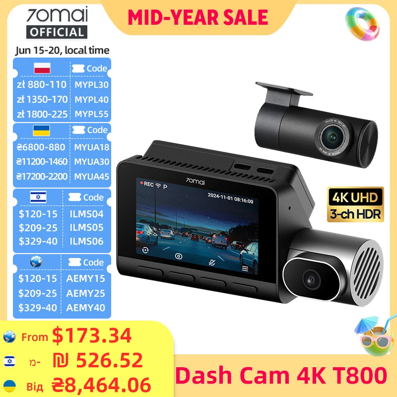 70mai T800 3-Channel 4K Dash Cam with HDR, GPS, 4G & WiFi 6