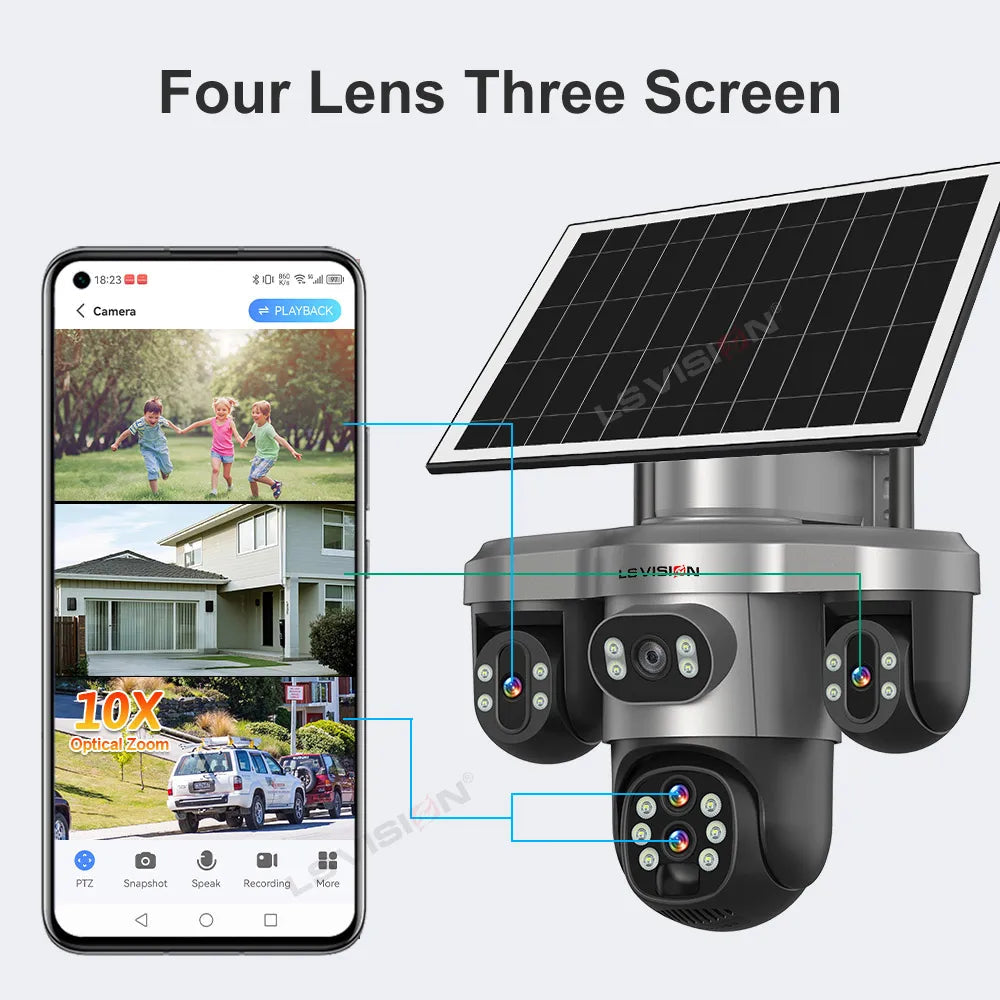 LS VISION 20MP 4 Lens Three Screen 4G Solar Camera Outdoor WiFi 10X Optical Zoom Auto Tracking Wifi Surveillance Camera V380 Pro 