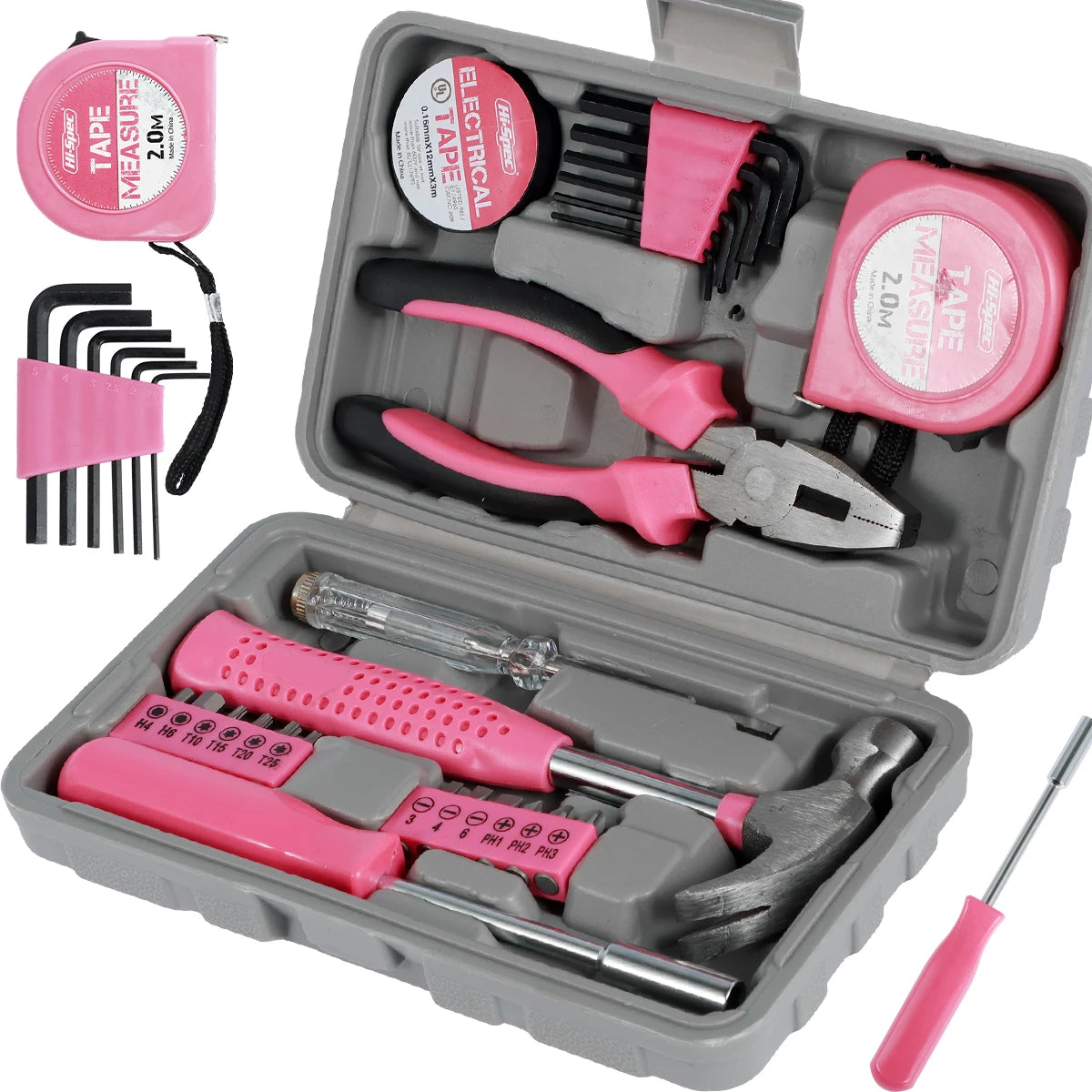 Kit di Attrezzi per Riparazioni Domestiche da 13/24 Pezzi Set Multiuso Rosa per Casa con Custodia per Ripostiglio Martello e Chiave a Brugola Resistenti