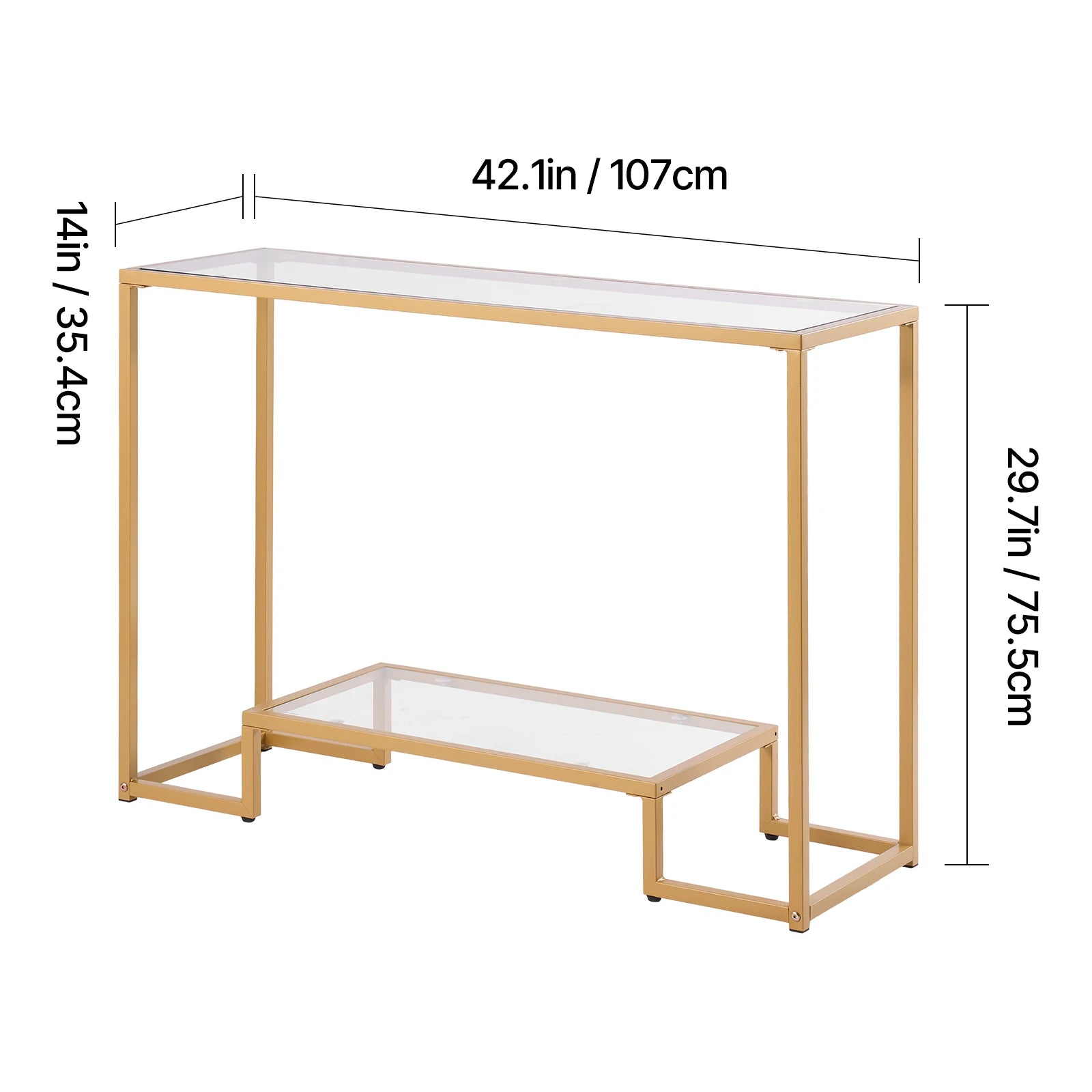Modern Glass Console Table with Metal Frame, Multi-Tier Storage