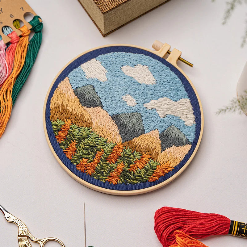 Printed Landscape Embroidery Kit, Hoop Options