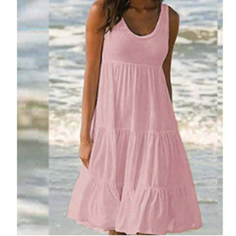 Bohemian Women's Casual O Neck Sleeveless Ruffle Mini Dress Solid Color Beach Tank Top Oversized Loose Dress Plus Size Women3029 