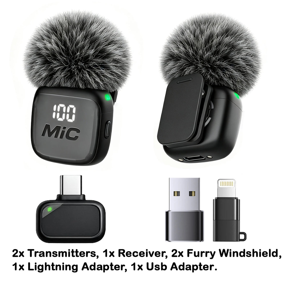 Wireless Lavalier Microphone with USB-C, Lightning and USB Adapters