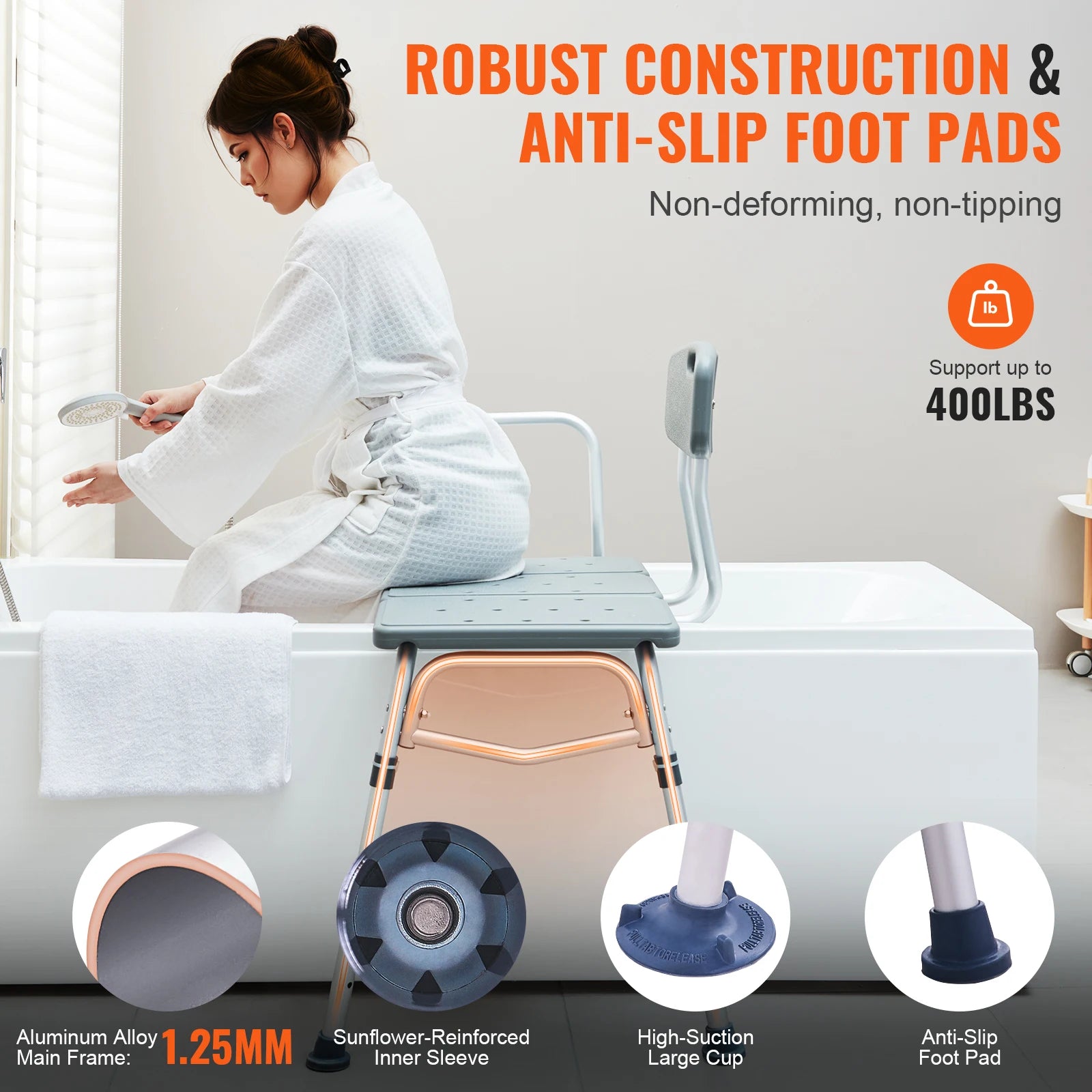 Tub Transfer Bench with Backrest & Armrest, Adjustable Non-Slip Shower Seat