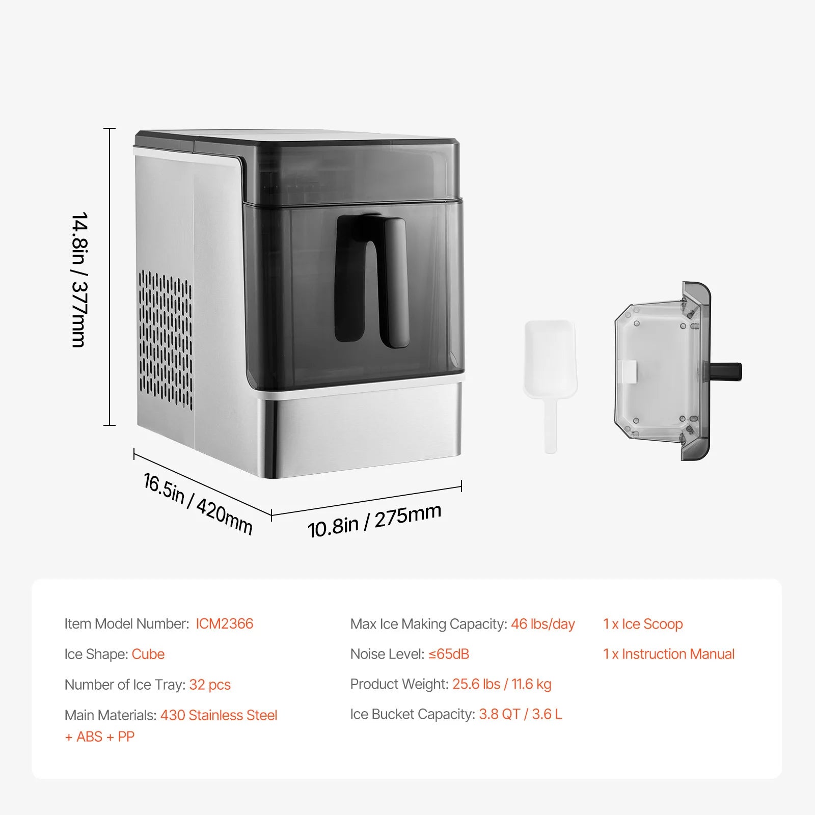 Countertop Ice Maker 50lbs/Day with Self-Cleaning & 2 Sizes