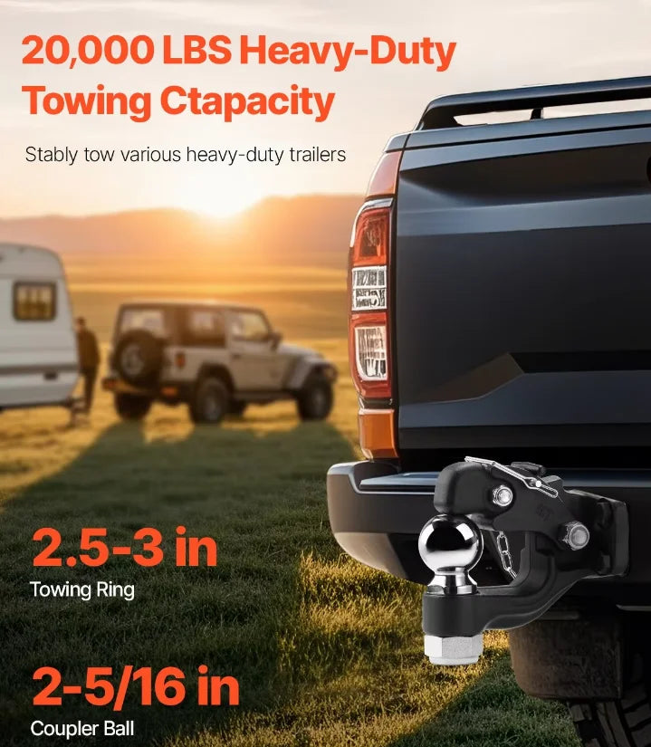9070KG Heavy Duty Trailer Hitch Assembly with 2-5/16 Inch Trailer Ball, Fits 6.35-7.62cm Lunette Ring, Black Powder Coated Trailer Coupler Hitch with Complete Mounting Hardware