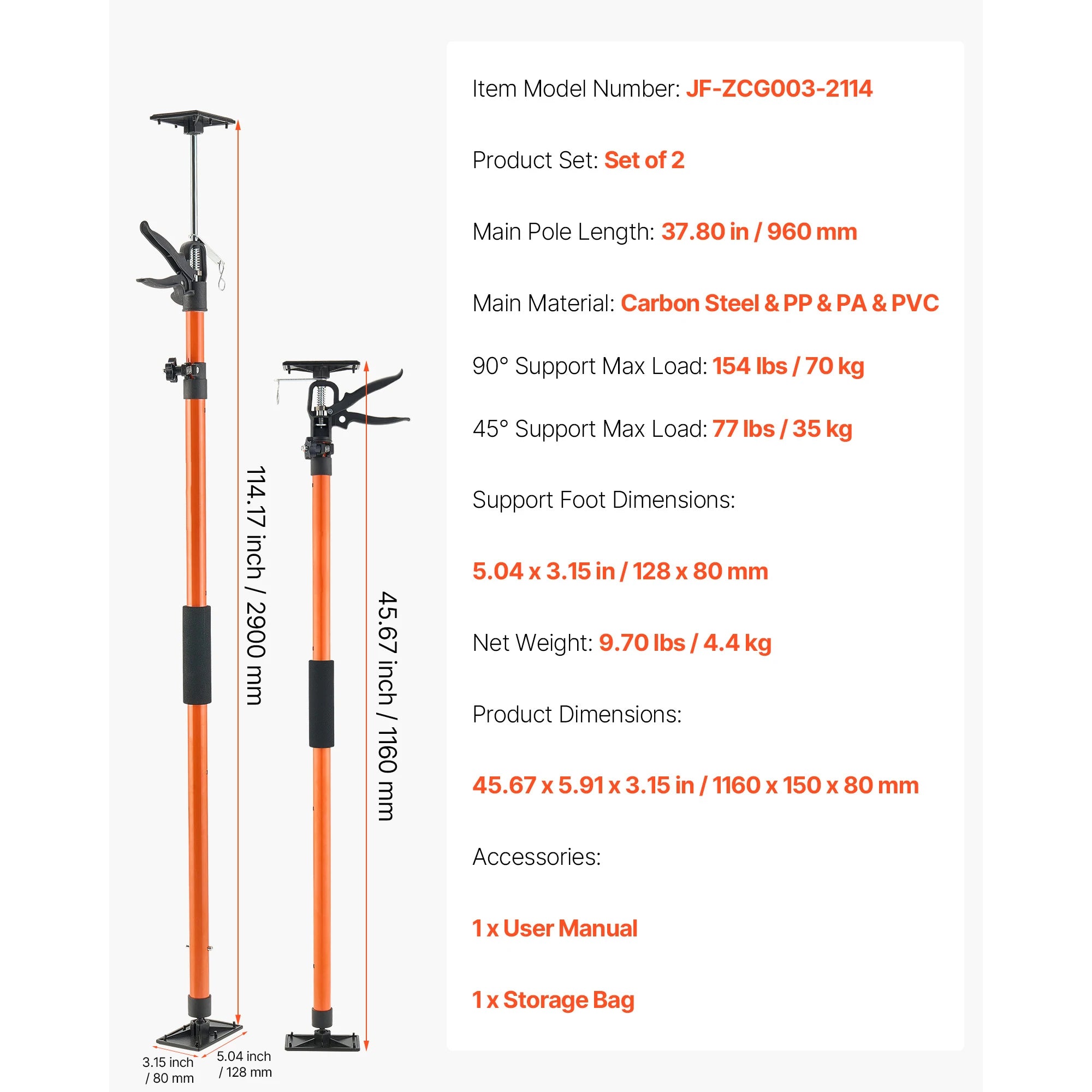 Adjustable Cabinet Jack Support Pole 19–114in Steel Lift Rod