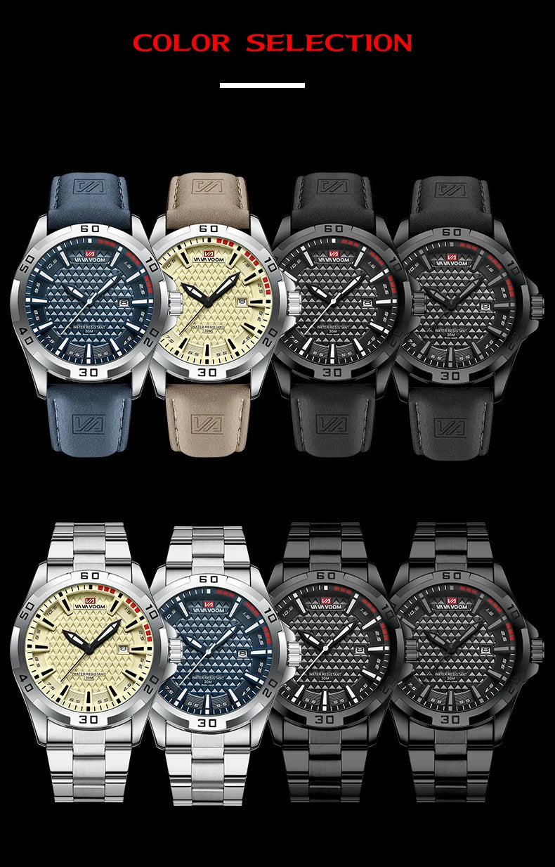VA VA VOOM Men Casual Sport Military Quartz Calendar Wrist Watch for Man Business Leather Waterproof Male Clock Relogio Masculin 