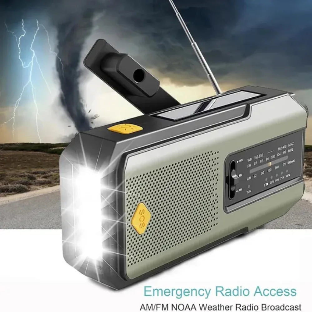 Weather Radio Emergency Multifunctional Radio FM AM WB Hand Crank Solar USB Charging 2000mAh Power Bank LED Flashlight Torch 