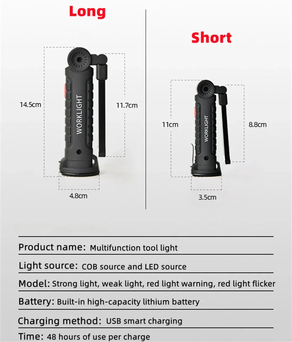 Portable COB LED Flashlight USB Rechargeable Work Light