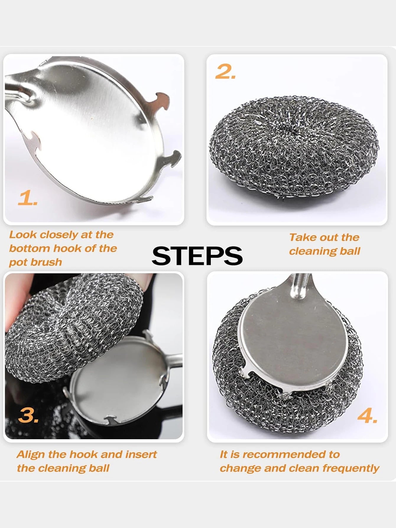 1PC Steel Wool Scrubber with Handle Stainless Steel Cleaning Brushes Cleaning Dishes Stock Pots Pans Griddles Grills 