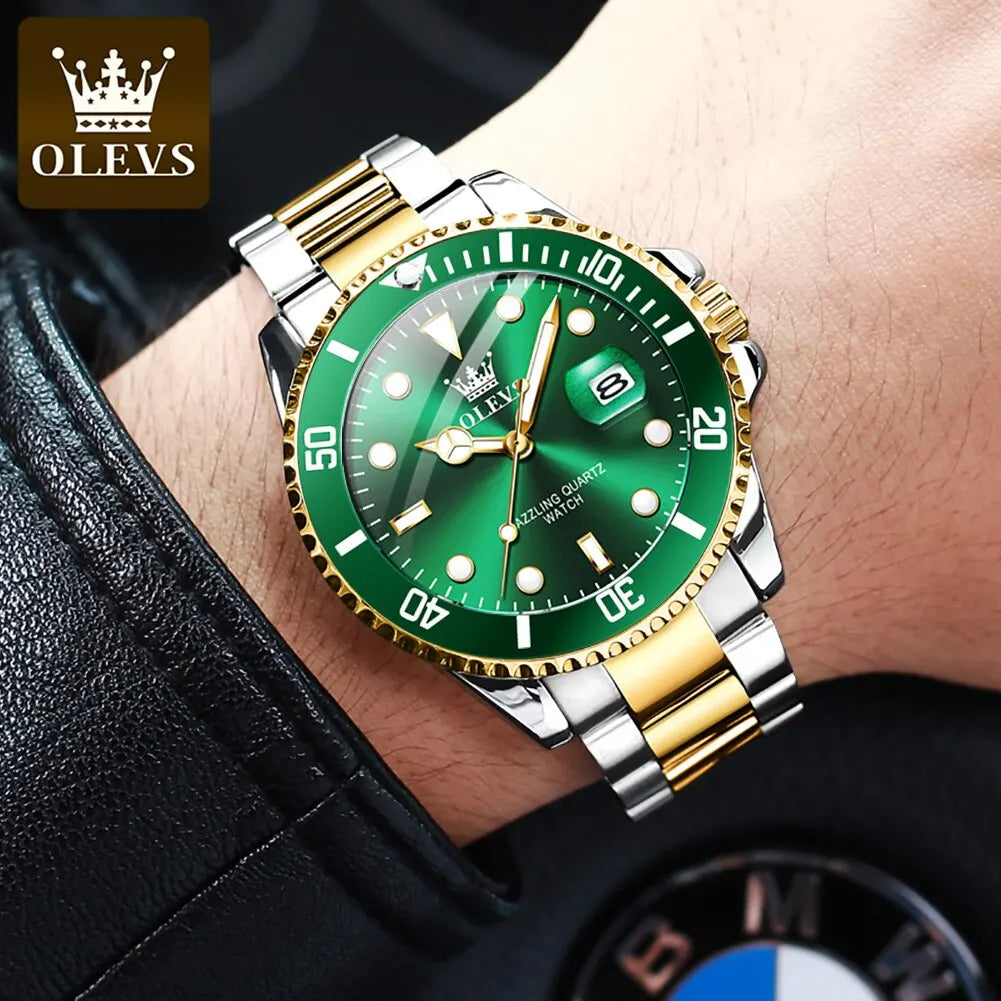 OLEVS Top Original Men Quartz Watch Green Waterproof Watch for Men Stainless Steel Quartz Men Luxury Watch Luminous Wristwatch 