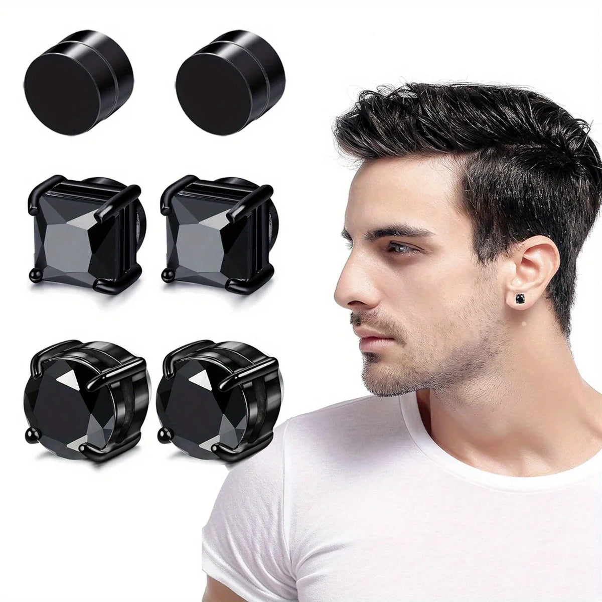 1/3Pairs 6MM Crystal Magnetic No-Pierce Stainless Steel Stud Earrings for Men Punk Zircon Magnet Earrings Non Piercing Jewelry 