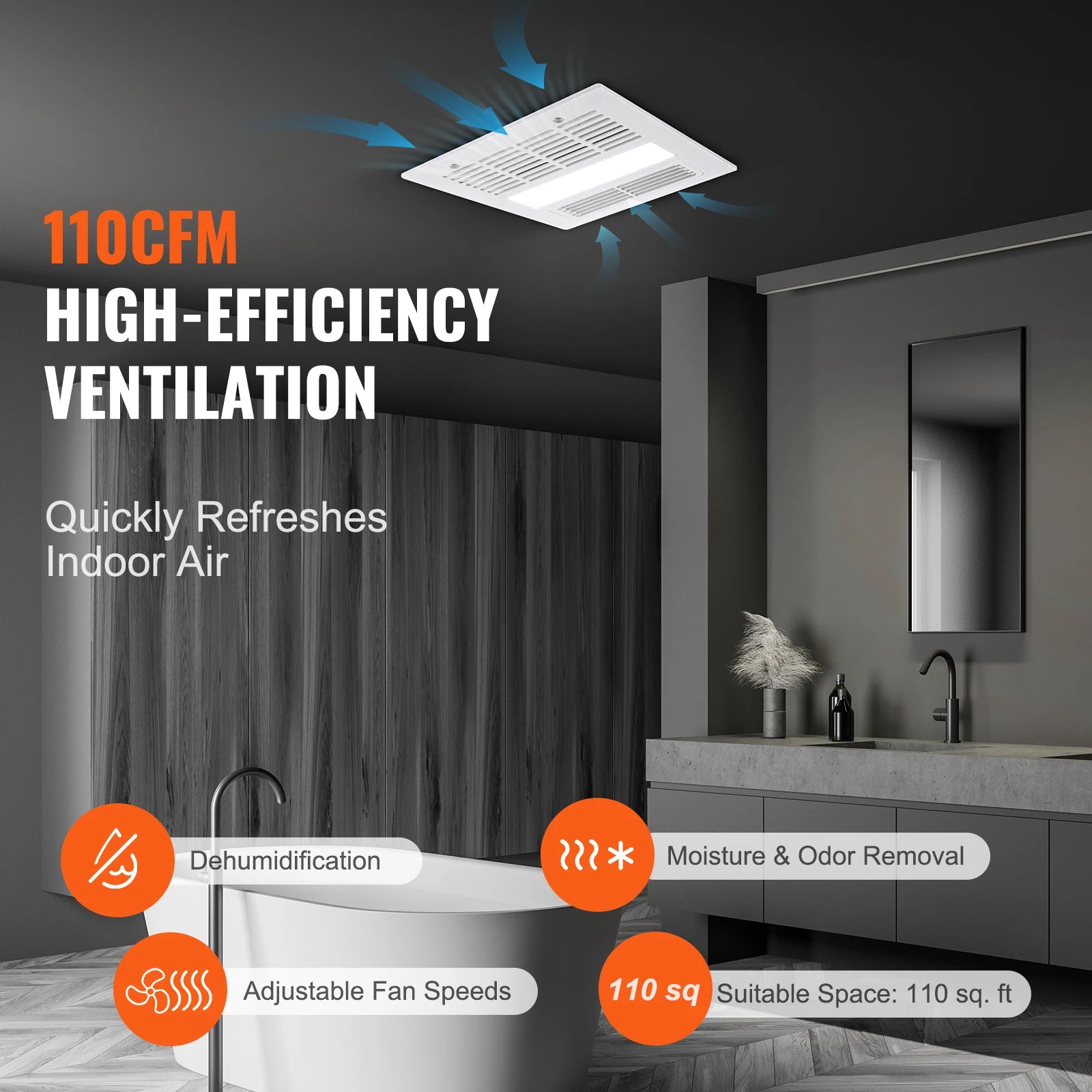 Bathroom Exhaust Fan with LED Light 80/110 CFM Quiet Heating