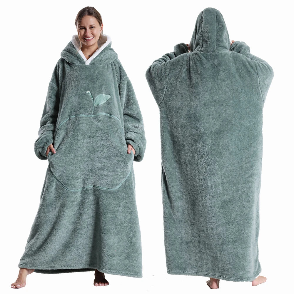 Women Plush Fleece Blanket Men Warm Thick Hoodies Adult Giant TV Blanlets with Sleeves Super Long Cold-proof Homewear Pajamas 