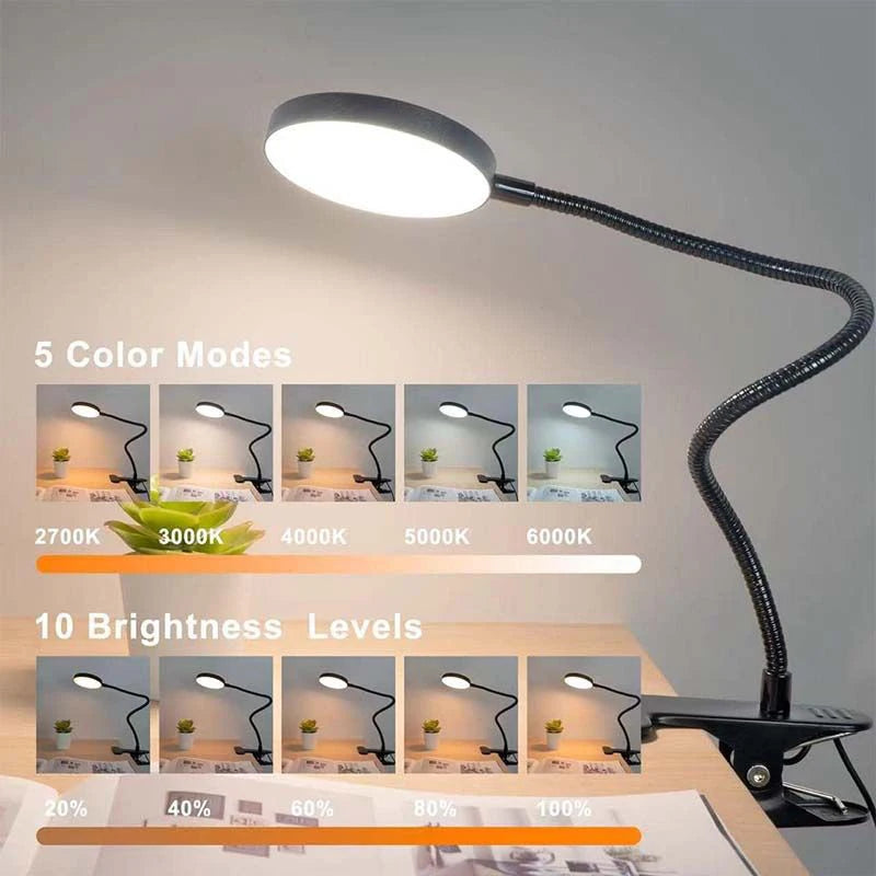 Lampă LED de citit cu prindere cu clips și gât flexibil, cu USB