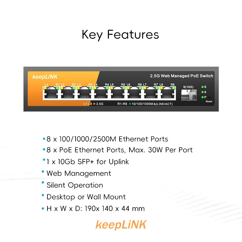 KeepLink 9-Port Multi-Gigabit Managed Switch with 8-2.5Gbps PoE and 1-10Gb SFP+ Uplink 