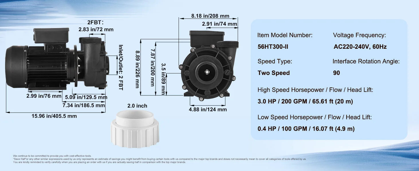 SucceBuy 2 Ταχύτητα SPA Αντλία 48/56-Πλαίσιο AC110-120V SPA Αντλία 1.5HP/3HP/4HP Υψηλή Ταχύτητα Διάμετρος 2'' Θέση 90° Περιστροφικό Διασύνδεση για υδρομασάζ