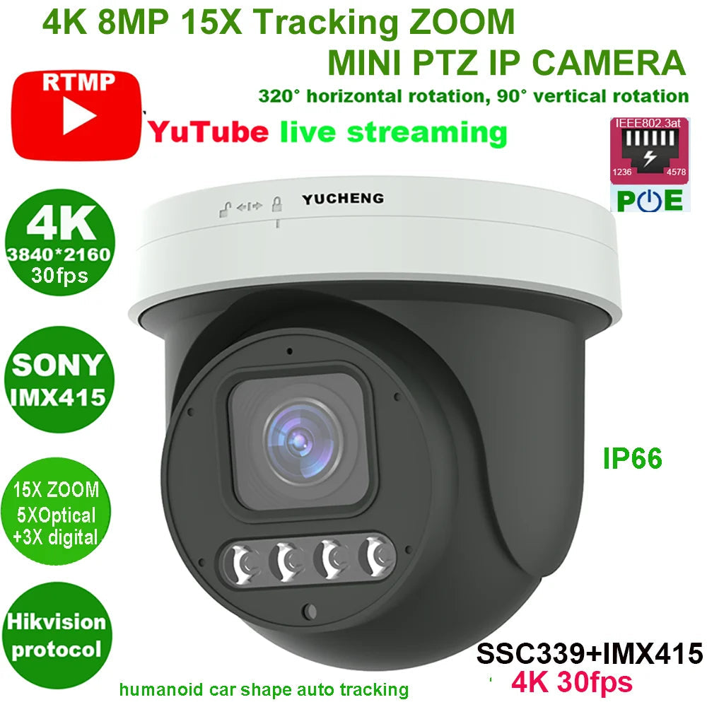 20X ZOOM wifi 4K 8MP 30fps 6MP Auto tracking ZOOM POE auto tracking PTZ IP Camera  RTMP Hikvision protocol 512GB SD 30M IR 