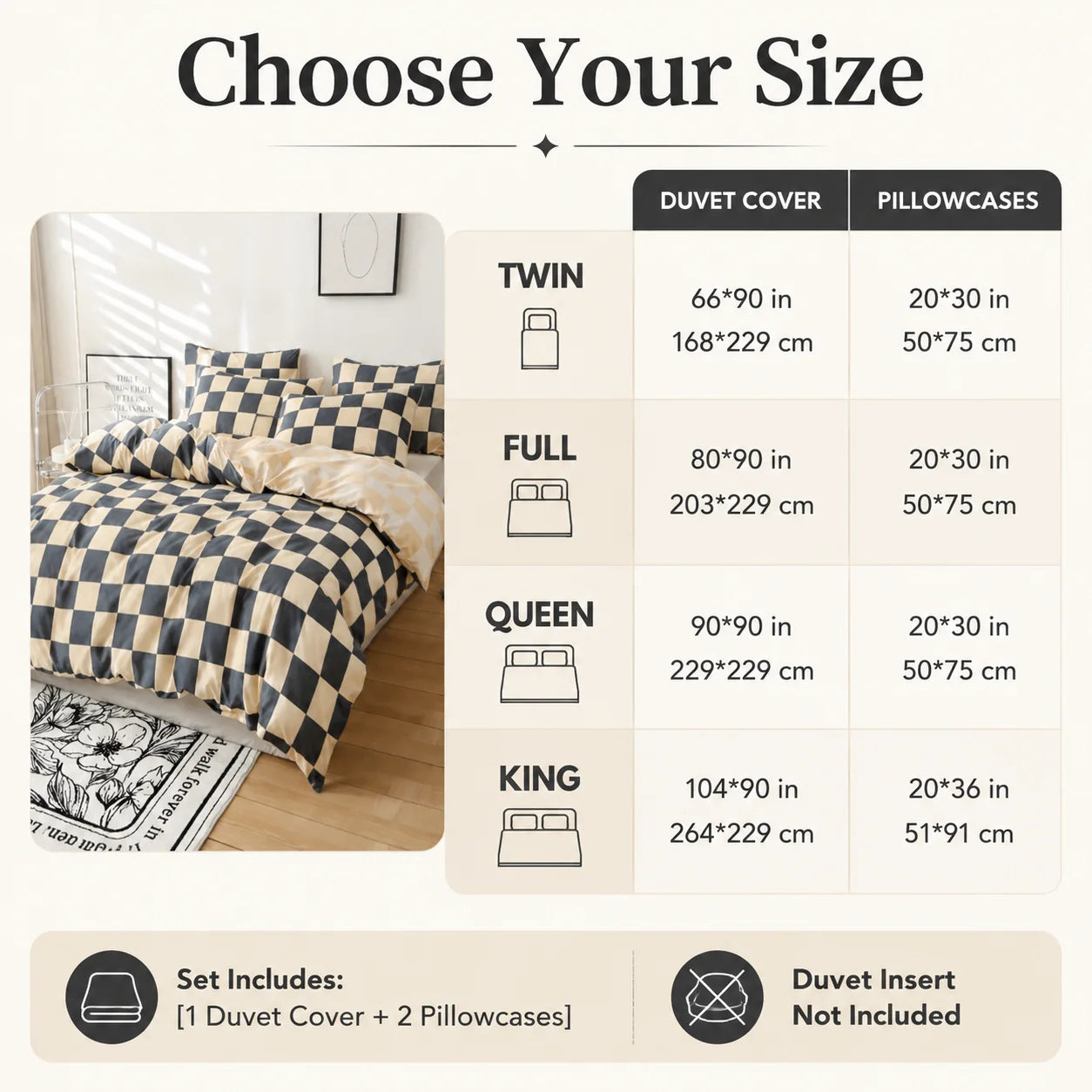 Black and Beige Checkered Duvet Cover 3-Piece Set, Modern Checkered Bedding Set, Soft Bedspread with Pillowcases, Available for Single, Double, King, and Queen Beds