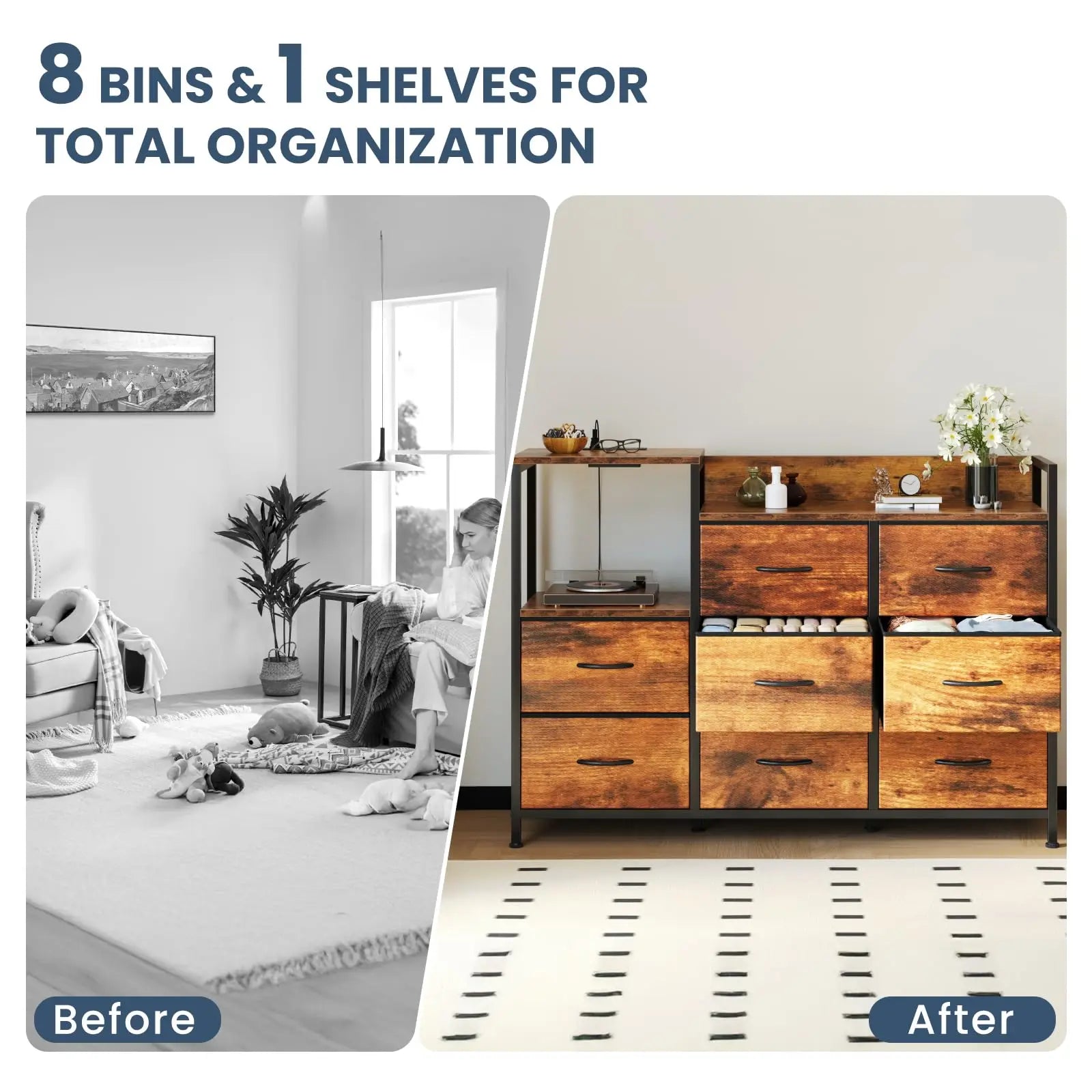 Modern TV Stand with 9 Fabric Drawers & Metal Frame Storage