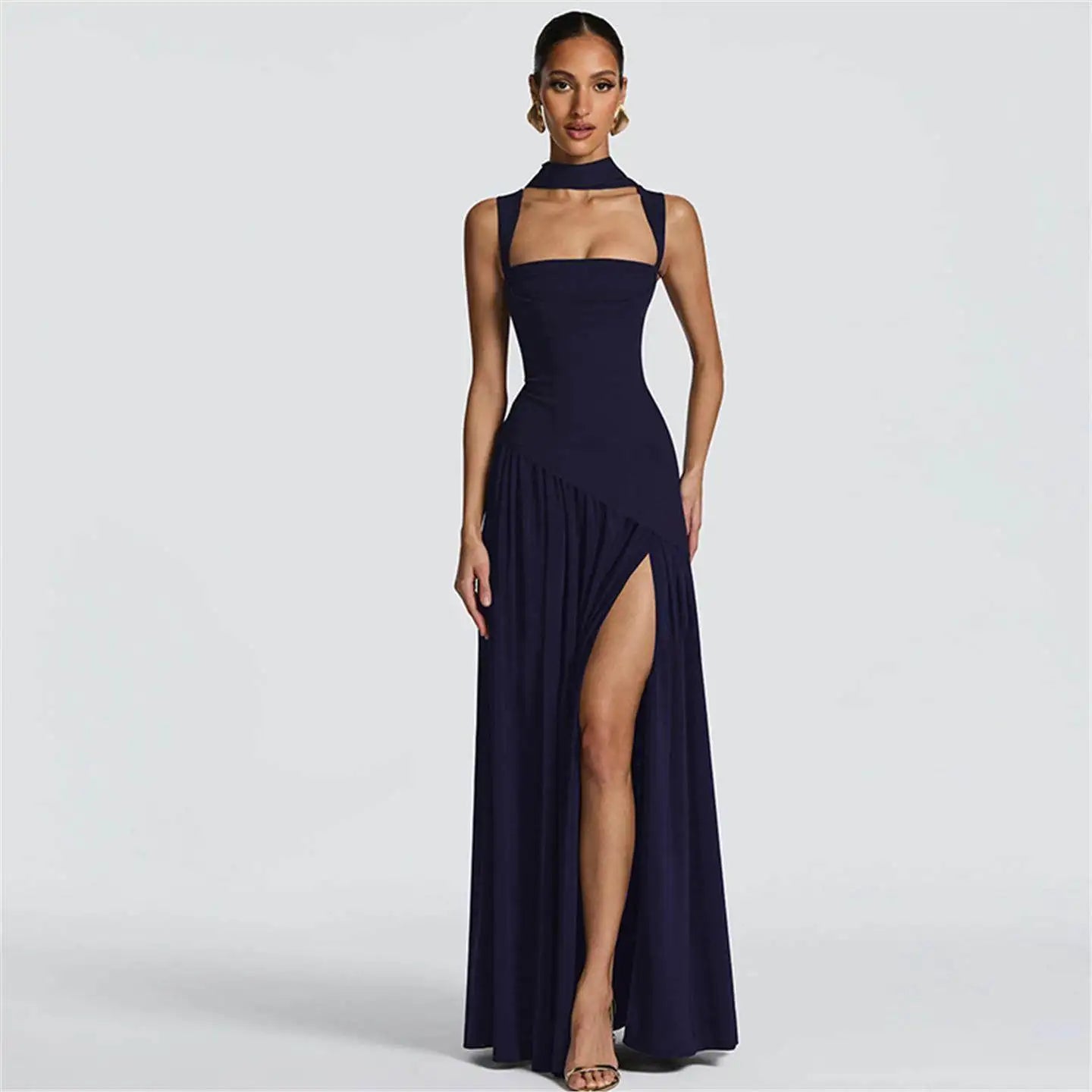 Elegant Sleeveless High Waist Slit Dress with Belted Sash