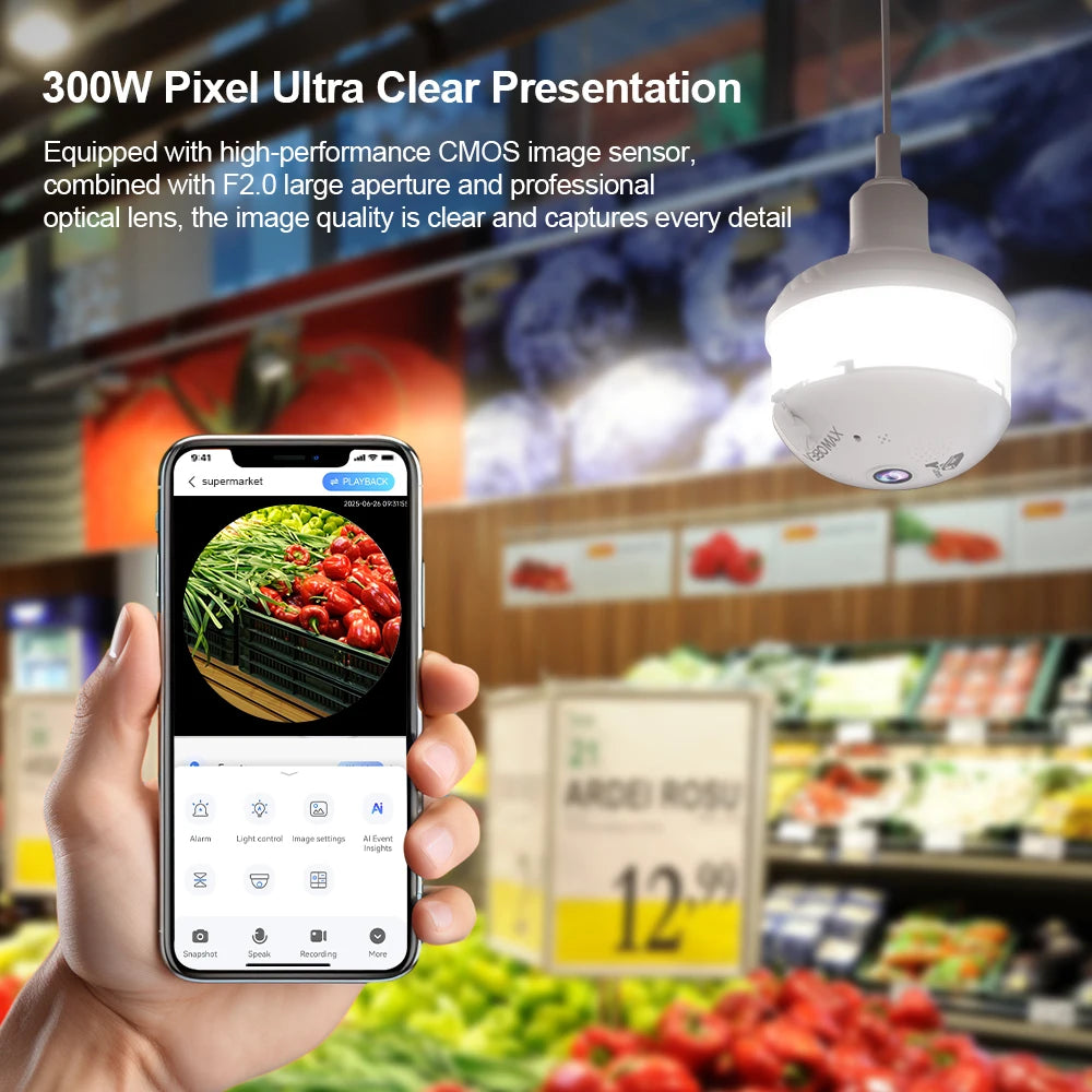 2K WiFi Home Light Bulb Camera Light Bulb Camera 360 degree Panoramic IP Camera Full Color Night Vision