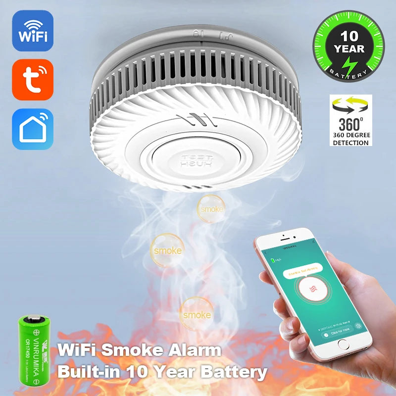 WiFi Tuya Smart Smoke Detector With Built-in 10 Year Lithium Battery For Parlor Room Kitchen Shop Fire Inspection Alarm Sensor 