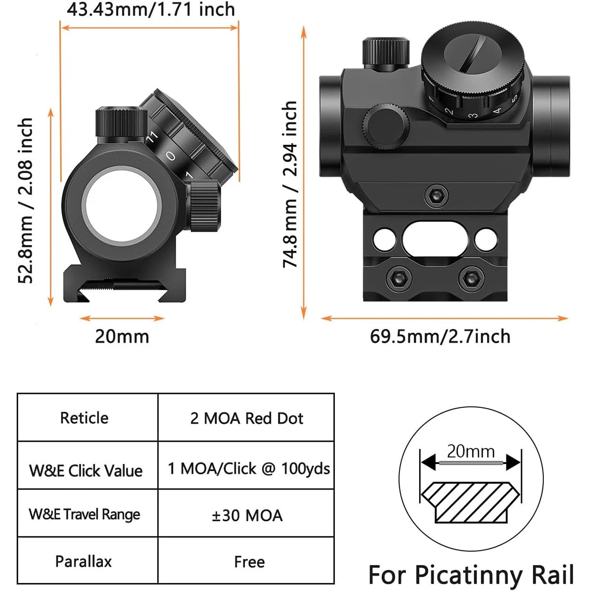 2MOA Red Dot Sight 1x25mm Reflex Sight Waterproof & Shockproof & Fog-Proof Red Dot Scope with 1 inch Riser Mount 