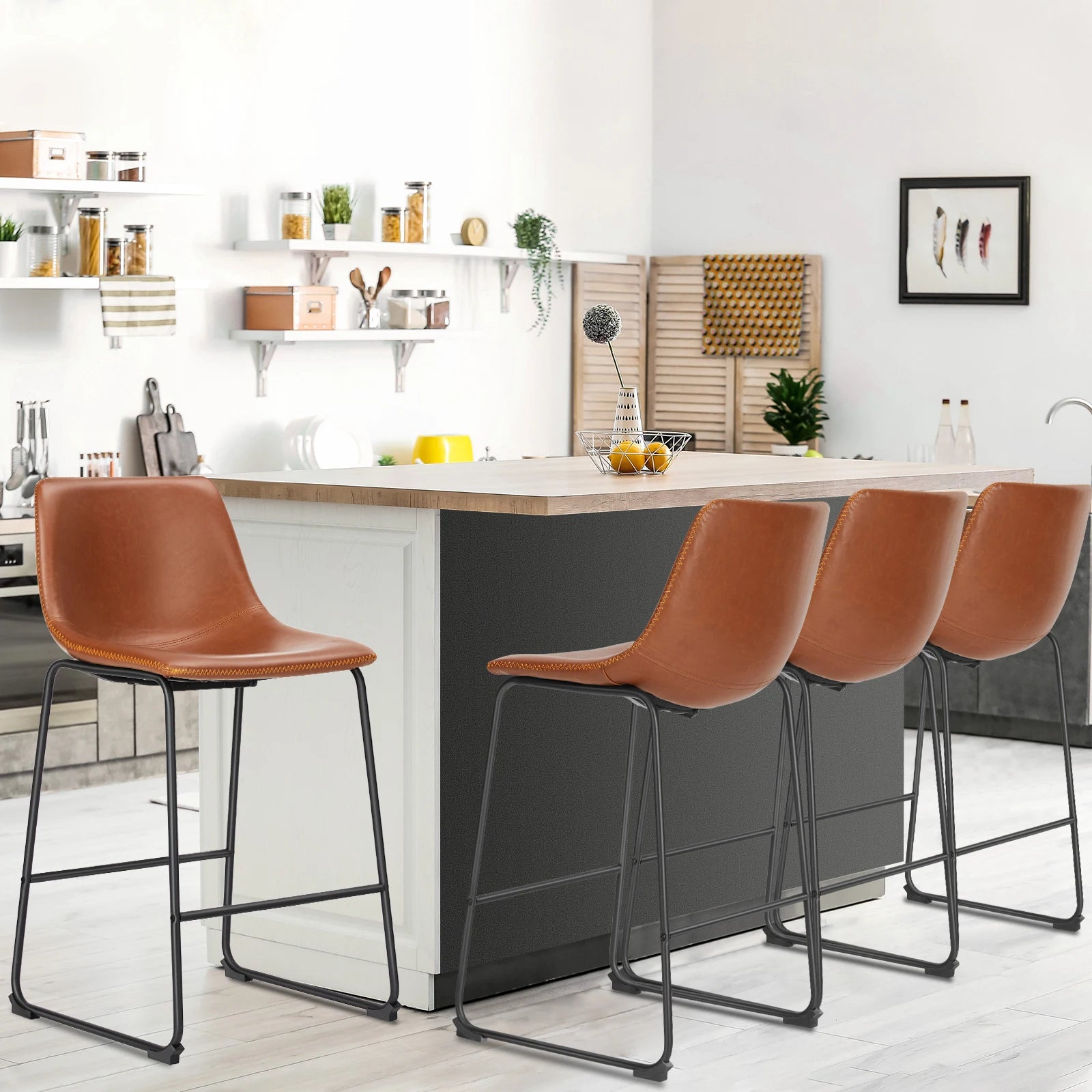 Counter Height Bar Stools Set of 2 Faux Leather with Back