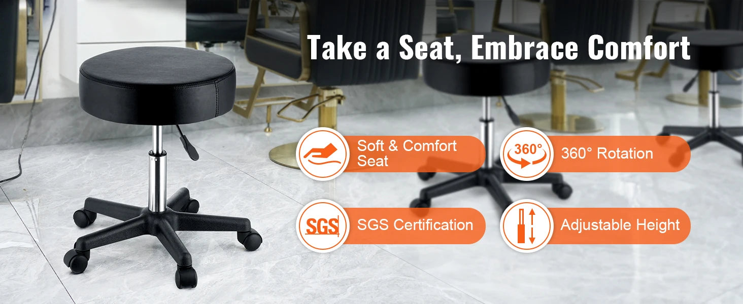 Adjustable Rolling Stool with Wheels 360° Swivel Salon Chair
