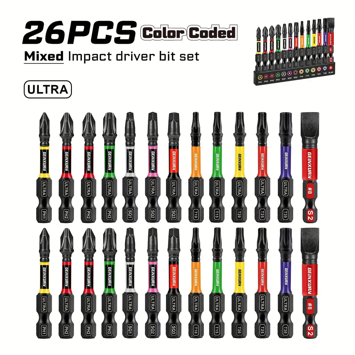 Geinxurn 13PCS Impact Phillipes/Square/Slotted Screwdriver Bits Set, 2'' Magnetic S2 Steel Bits Set with Color Coded Base