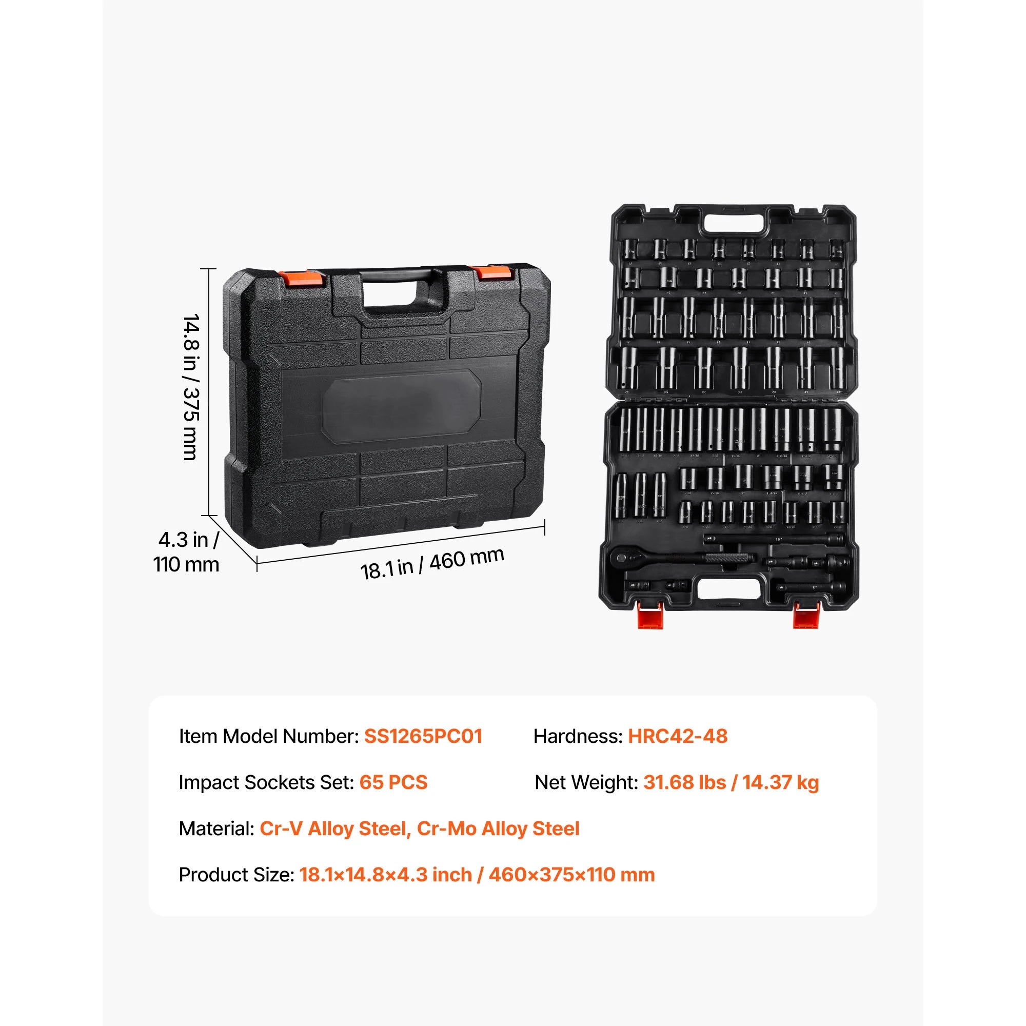 Set udarnih nasadnih ključeva 1/2'' pogon SAE i metrički, duboki/standardni 26–65 komada