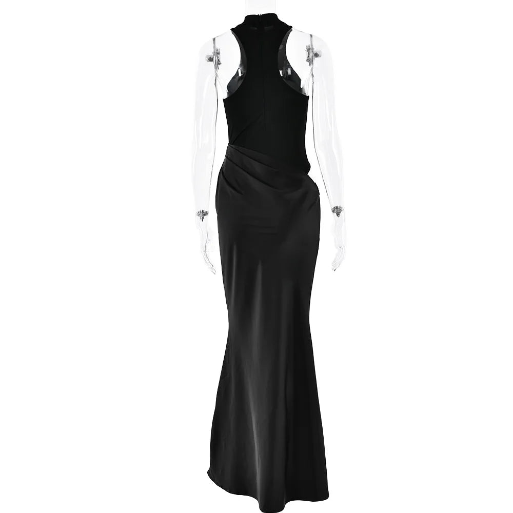 JULISSA MO Satin Sexy Hollow Out Women Maxi Dress Black Sleeveless High Waist Dress Female Autumn Skinny Elegant Party Clubwear 