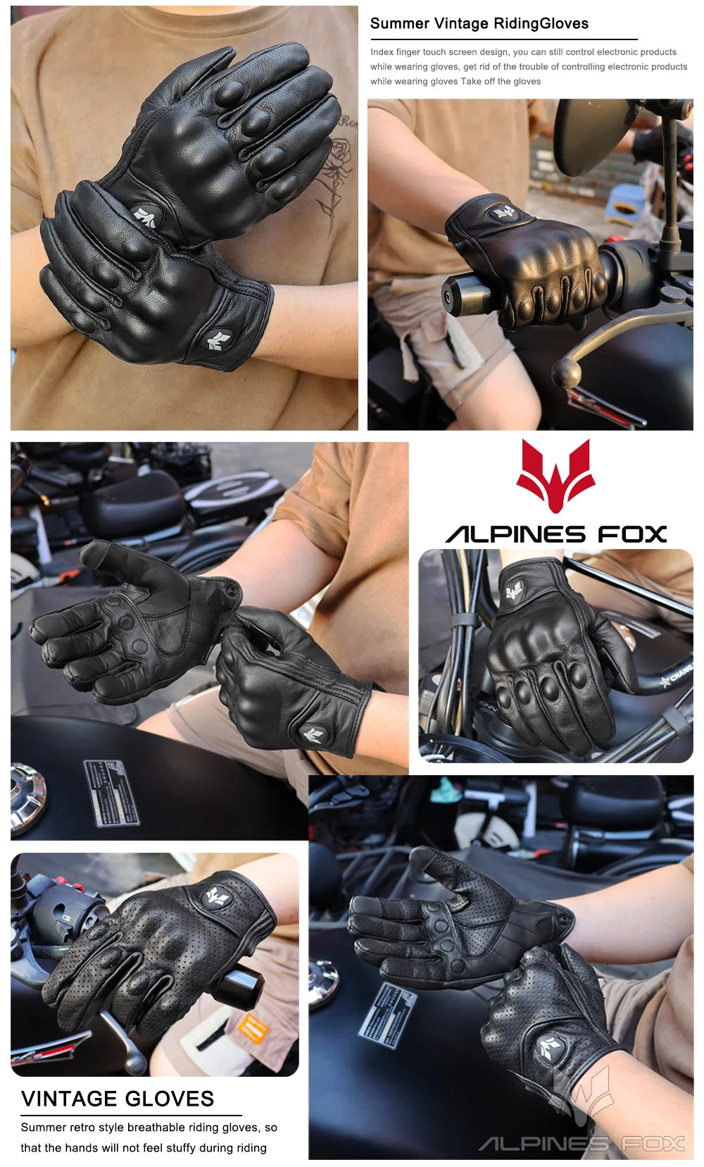 2023 Summer New Vintage Leather Motorcycle Gloves Men Black Wear-resistant Guantes Touchscreen Anti-slip Retro Motobiker Luvas 