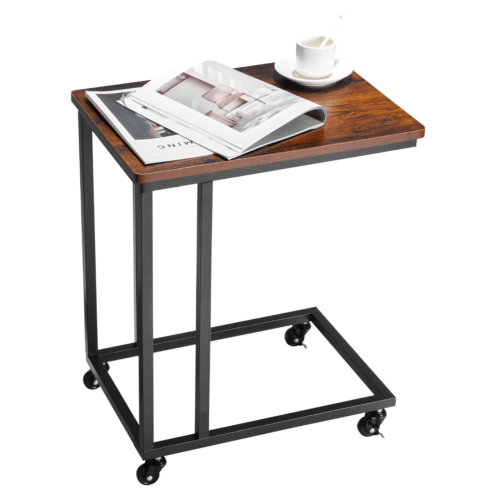 SucceBuy C Table C Shaped Sofa Side Table with Metal Frame Rolling Casters Portable C Shaped End Stand for Living Room Office