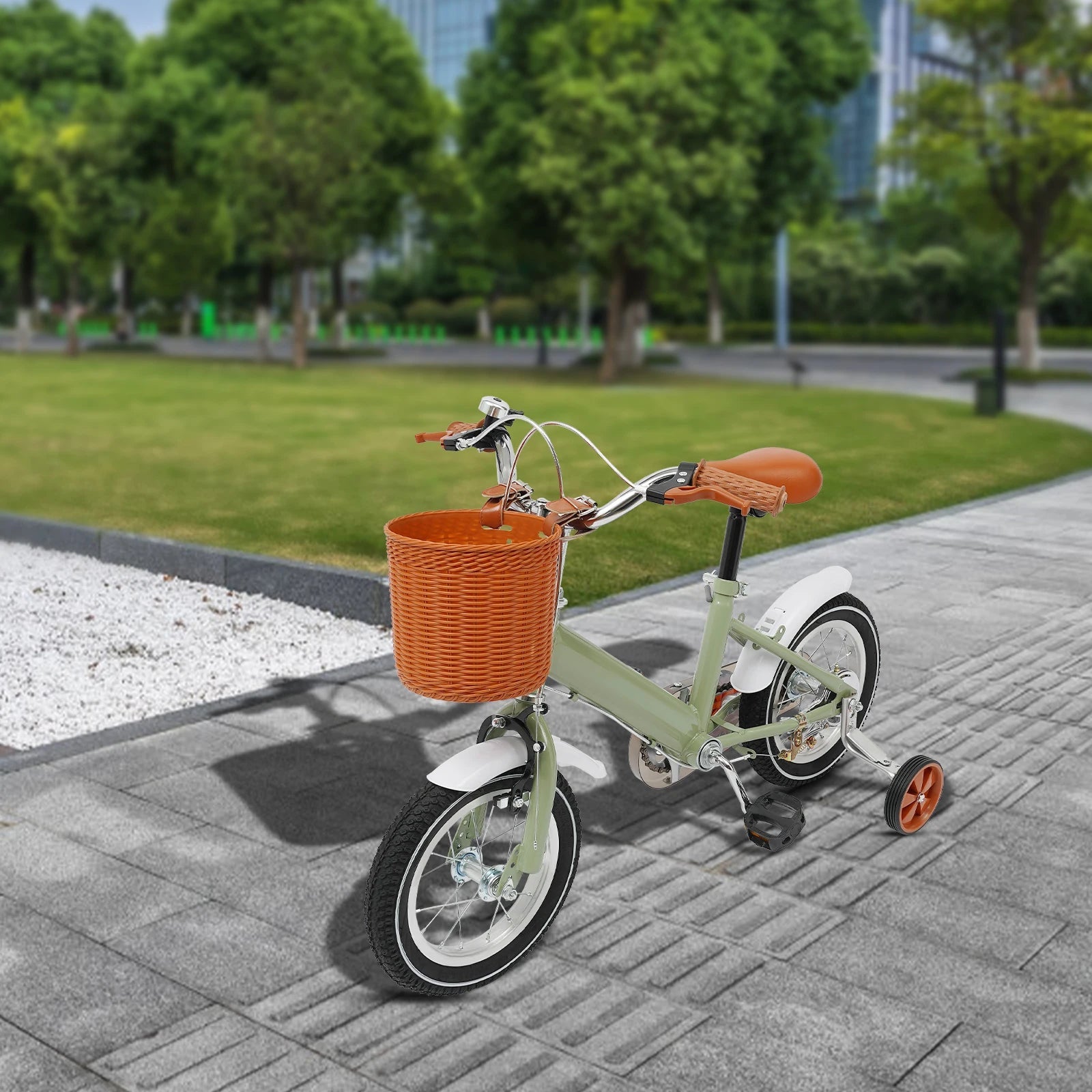 12 Inch Kids Bike w/Training Wheels+Basket, Dual Brakes Adjustable Children's Bicycle Load 40kg for Ages 2-4 (Green/Yellow/Pink) 