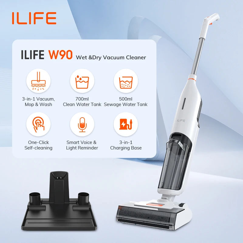 ILIFE W90 Cordless Wireless Wet Dry Smart Mop Washing , 5500Pa Suction, 1 Min Self Cleaning, Large Dual Water Tank 