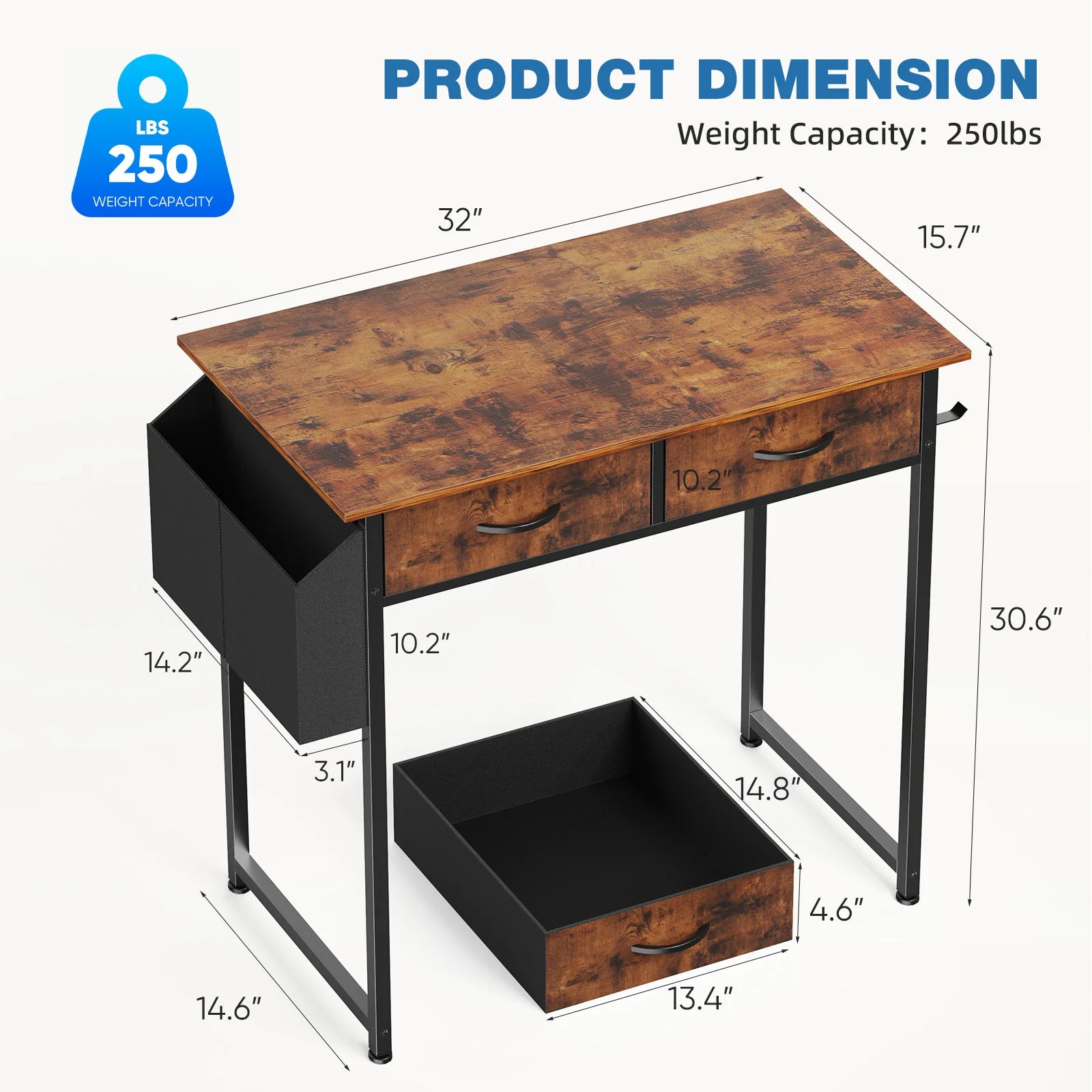 32 Inch Modern Office Desk with Drawers and Side Storage Bag