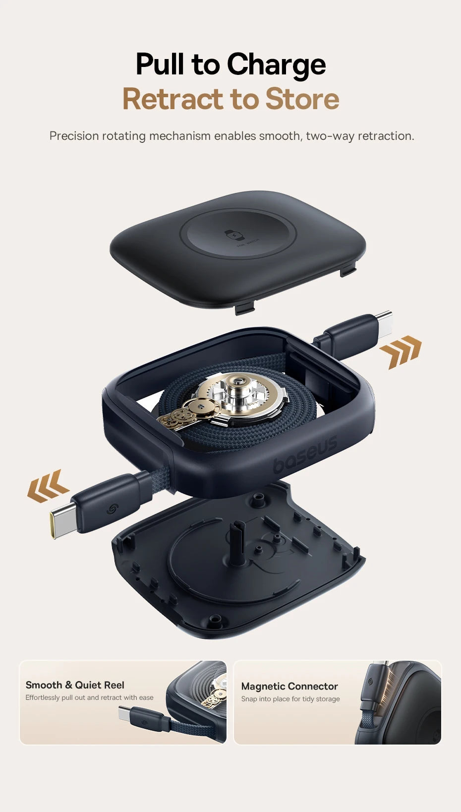 100W Retractable USB-C Fast Charging Cable with Magnetic Design