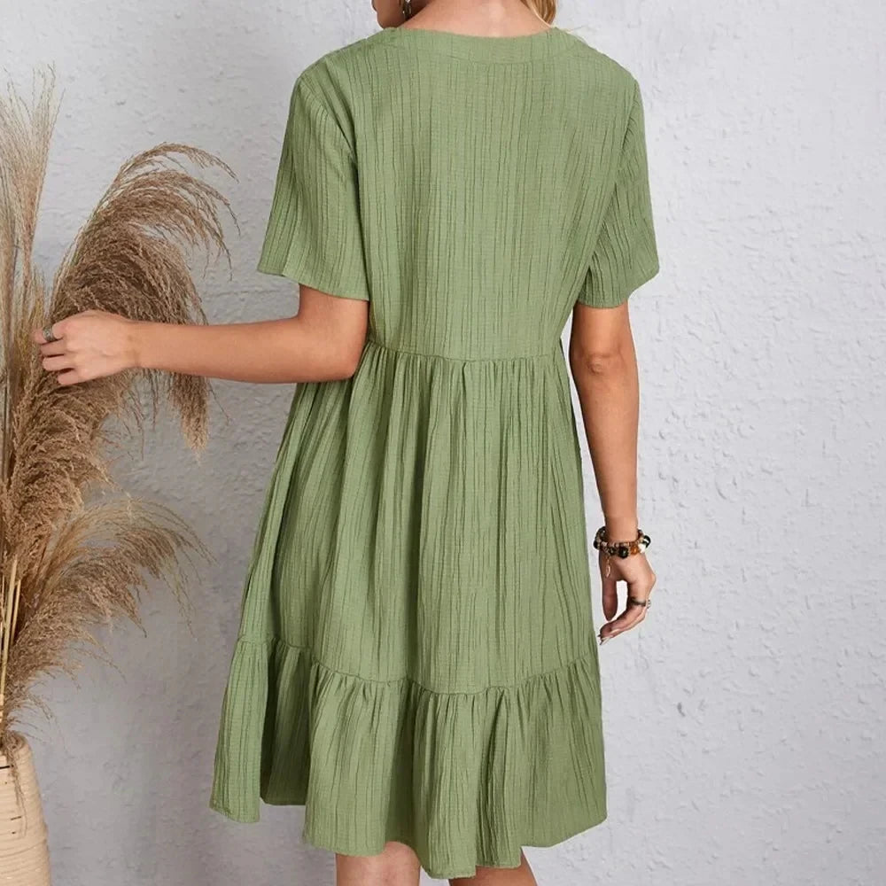 Women Summer Peplum Dresses Spring V-Neck Short Sleeve Loose Waist Ruffle Fit Flare Vocation Dresses 