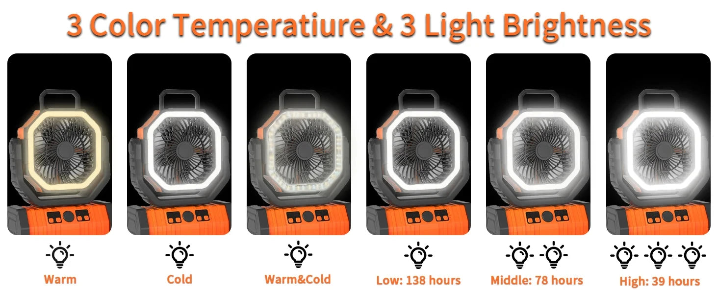 20000mAh High-Capacity Battery LED Light Camping Fan Movable Wireless Air Circulators Outdoor Ventilador with Hook 