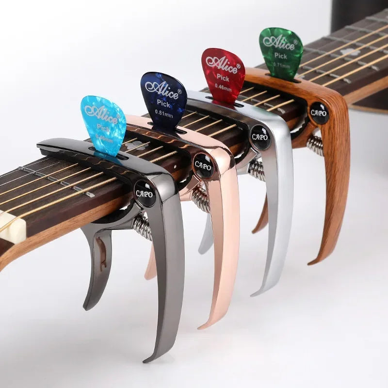 Capotraste de guitarra em metal com suporte para palheta