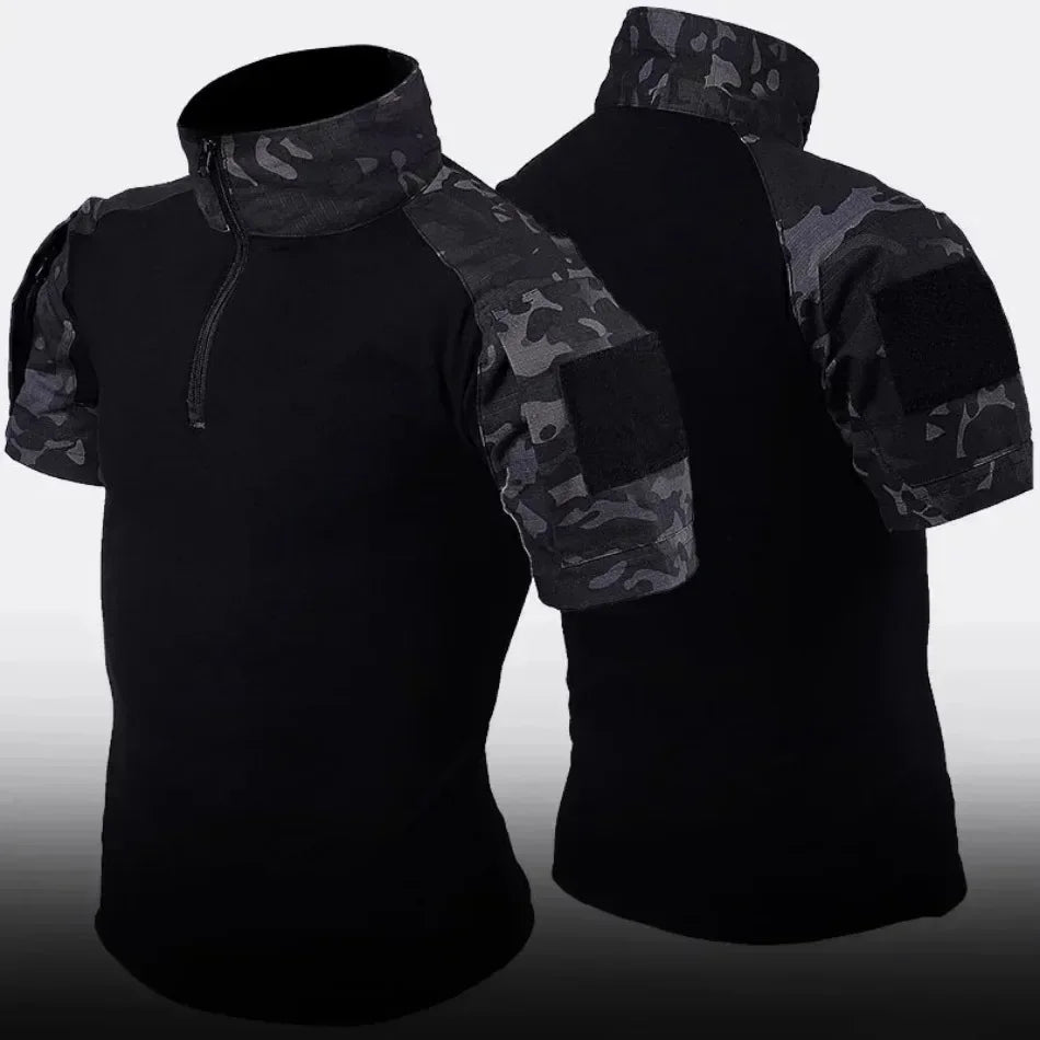 Black Camo Training Sets 1/4 Zipper Combat Tops Tactical Suits Hiking Pants Men Durable Shirts Multiple Pockets Wear-resisting
